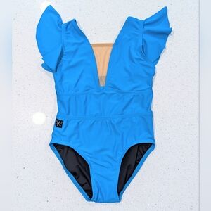 PAGEANT Dancewear Kandi Kouture Leotard 0/2 X-Small Blue RUFFLE Sleeve Dance Leo